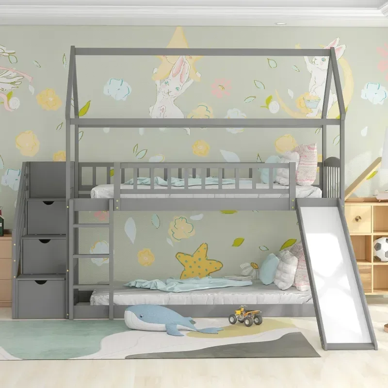 Solid wood children's double b - Bunk Bed With Stairs And Slide recension och pris