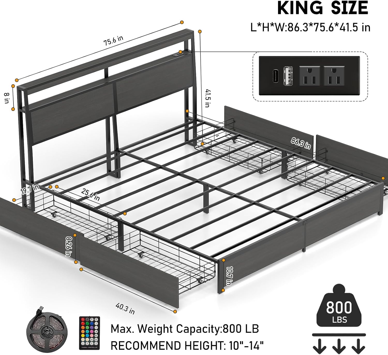 King Size Bed Frame with LED L - King Size Bed Frame With Storage Drawers recension och pris