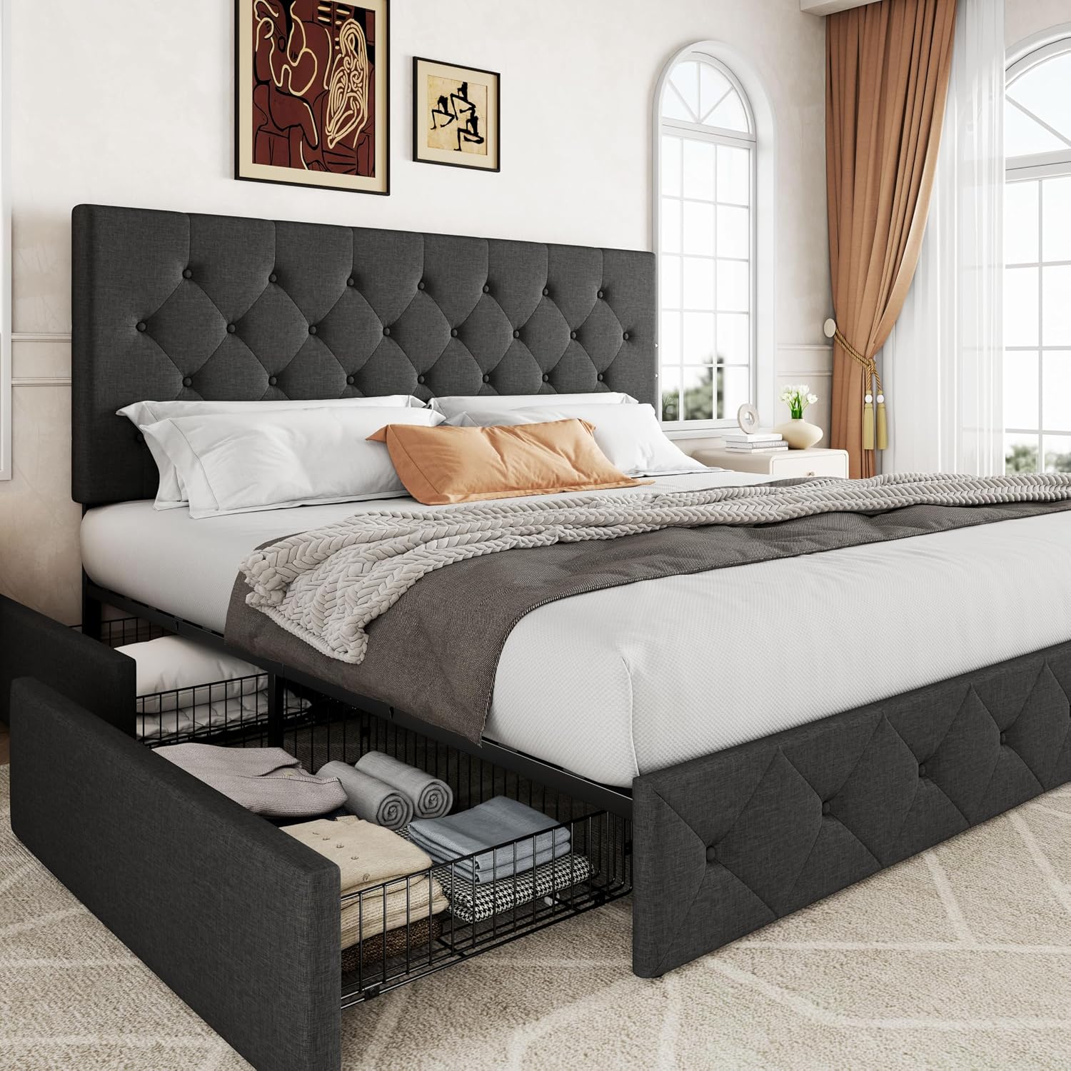 Upholstered King Size Platform - King Size Bed Frame With Storage Drawers recension och pris