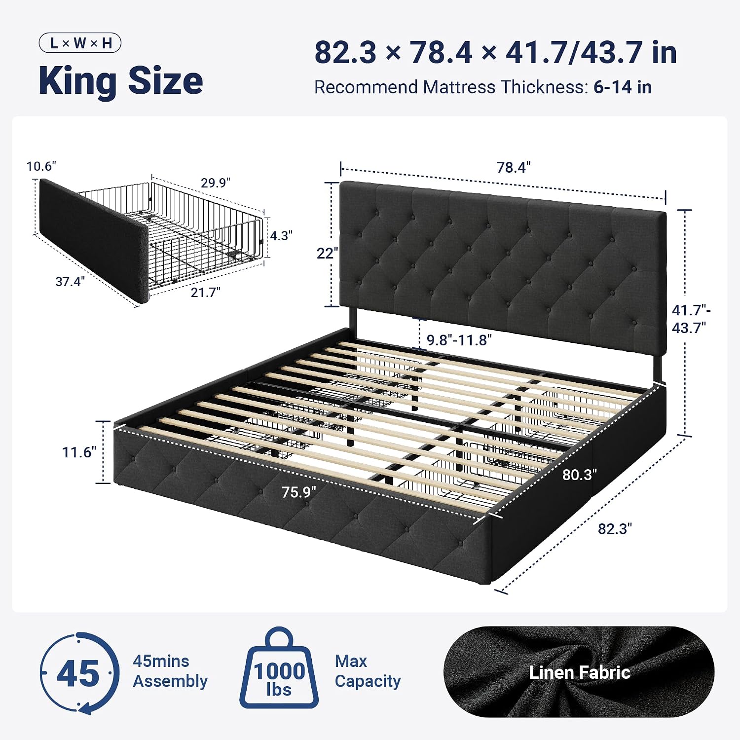 Upholstered King Size Platform - King Size Bed Frame With Storage Drawers recension och pris