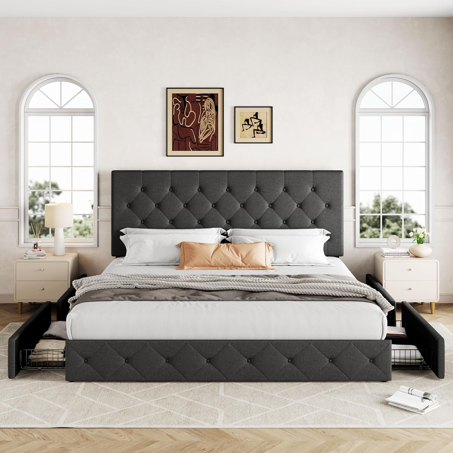 Upholstered King Size Platform - King Size Bed Frame With Storage Drawers recension och pris